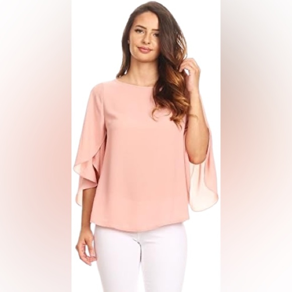 VIA JAY Women's Rose Blush Blouse 3/4 Ruffled Sleeves Office Dressy Blouse Sz L